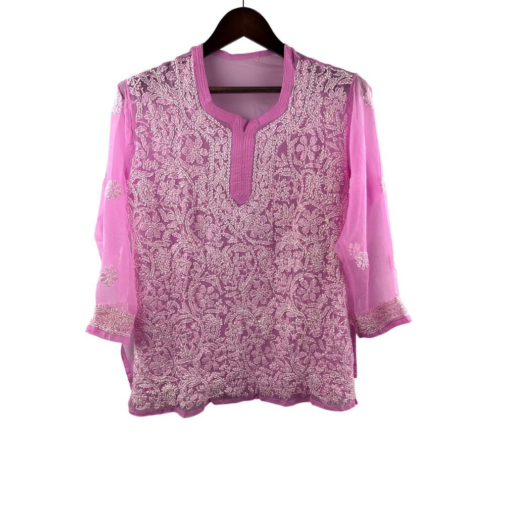 Women’s Handmade XL Pink Long Sleeve Blouse w/ White Embroidery